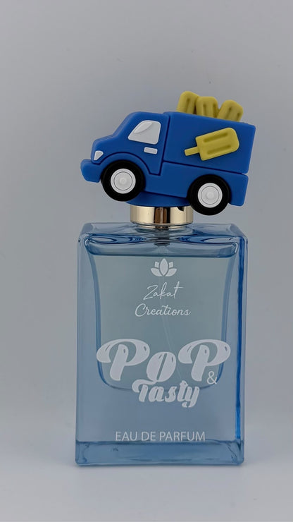 Perfume Pop & Tasty de Zakat Creations, Eau de Parfum 50 ml, frasco azul claro junto a su caja de regalo – Siblingsgo Miami