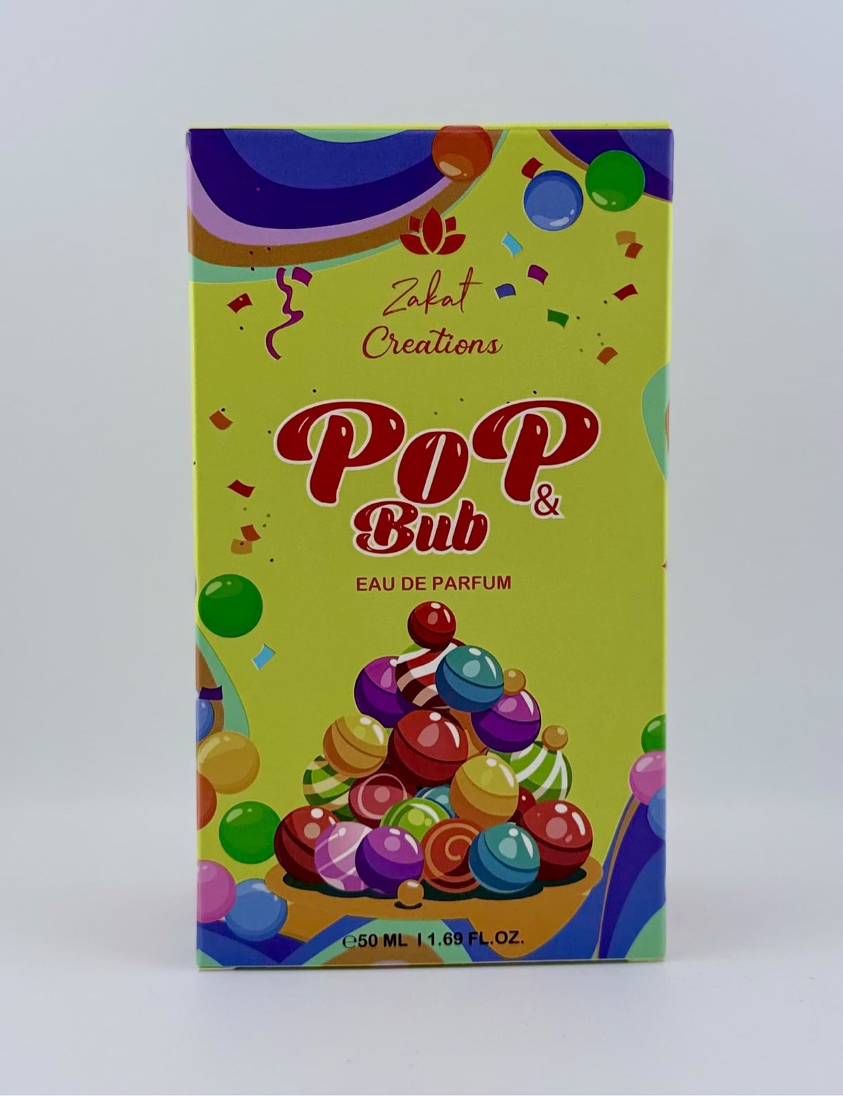 Perfume Pop & Bub de Zakat Creations, Eau de Parfum 50 ml, frasco amarillo verdoso con tapón de burbujas – vista lateral – Siblingsgo Miami