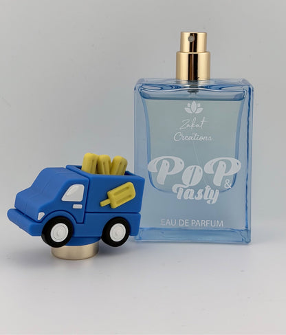 Perfume Pop & Tasty de Zakat Creations, Eau de Parfum 50 ml, frasco azul claro con tapón de heladería – vista frontal – Siblingsgo Miami