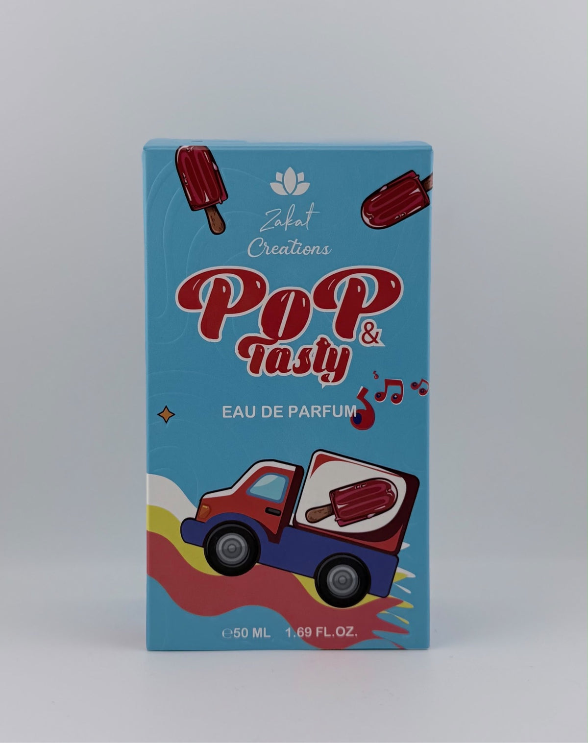 Perfume Pop & Tasty de Zakat Creations, Eau de Parfum 50 ml, frasco azul claro con tapón de heladería – vista lateral – Siblingsgo Miami