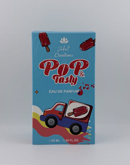 Perfume Pop & Tasty de Zakat Creations, Eau de Parfum 50 ml, frasco azul claro con tapón de heladería – vista lateral – Siblingsgo Miami
