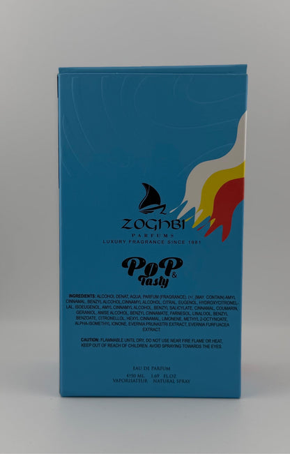 Perfume Pop & Tasty de Zakat Creations, Eau de Parfum 50 ml, frasco azul claro con tapón de carrito de helados – detalle – Siblingsgo Miami