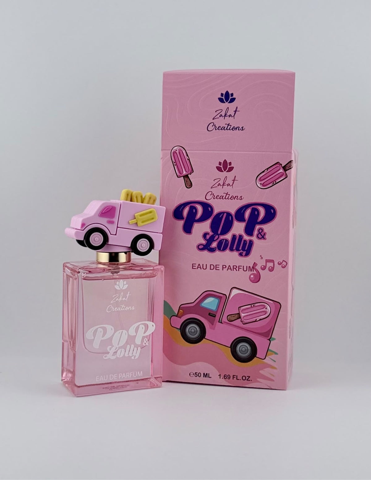 Perfume Pop & Lolly de Zakat Creations, Eau de Parfum 50 ml, frasco rosa con tapón de heladería – vista frontal – Siblingsgo Miami