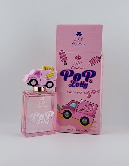 Perfume Pop & Lolly de Zakat Creations, Eau de Parfum 50 ml, frasco rosa con tapón de heladería – vista frontal – Siblingsgo Miami