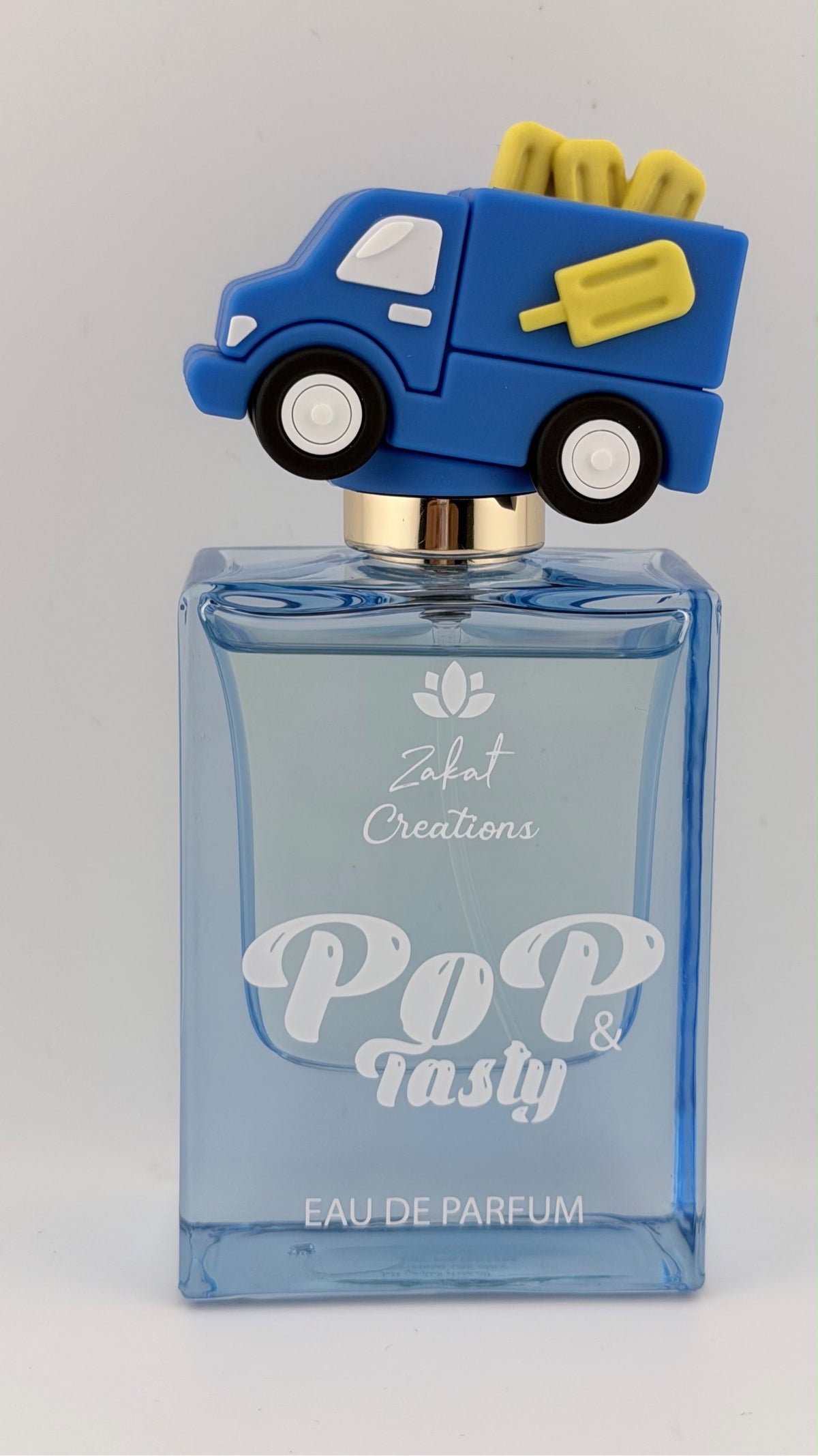 Perfume Pop & Tasty de Zakat Creations, Eau de Parfum 50 ml, frasco azul claro con tapón de carrito de helados azul – Siblingsgo Miami