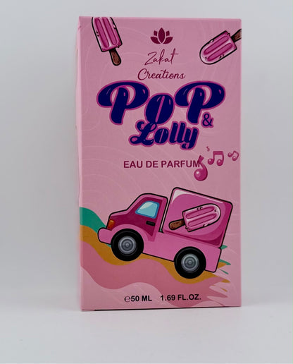 Perfume Pop & Lolly de Zakat Creations, Eau de Parfum 50 ml, frasco rosa con tapón de carrito de helados – detalle – Siblingsgo Miami