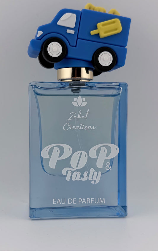 Perfume Pop & Tasty de Zakat Creations, Eau de Parfum 50 ml, frasco azul claro con tapón de camión de helados coleccionable – Siblingsgo Miami