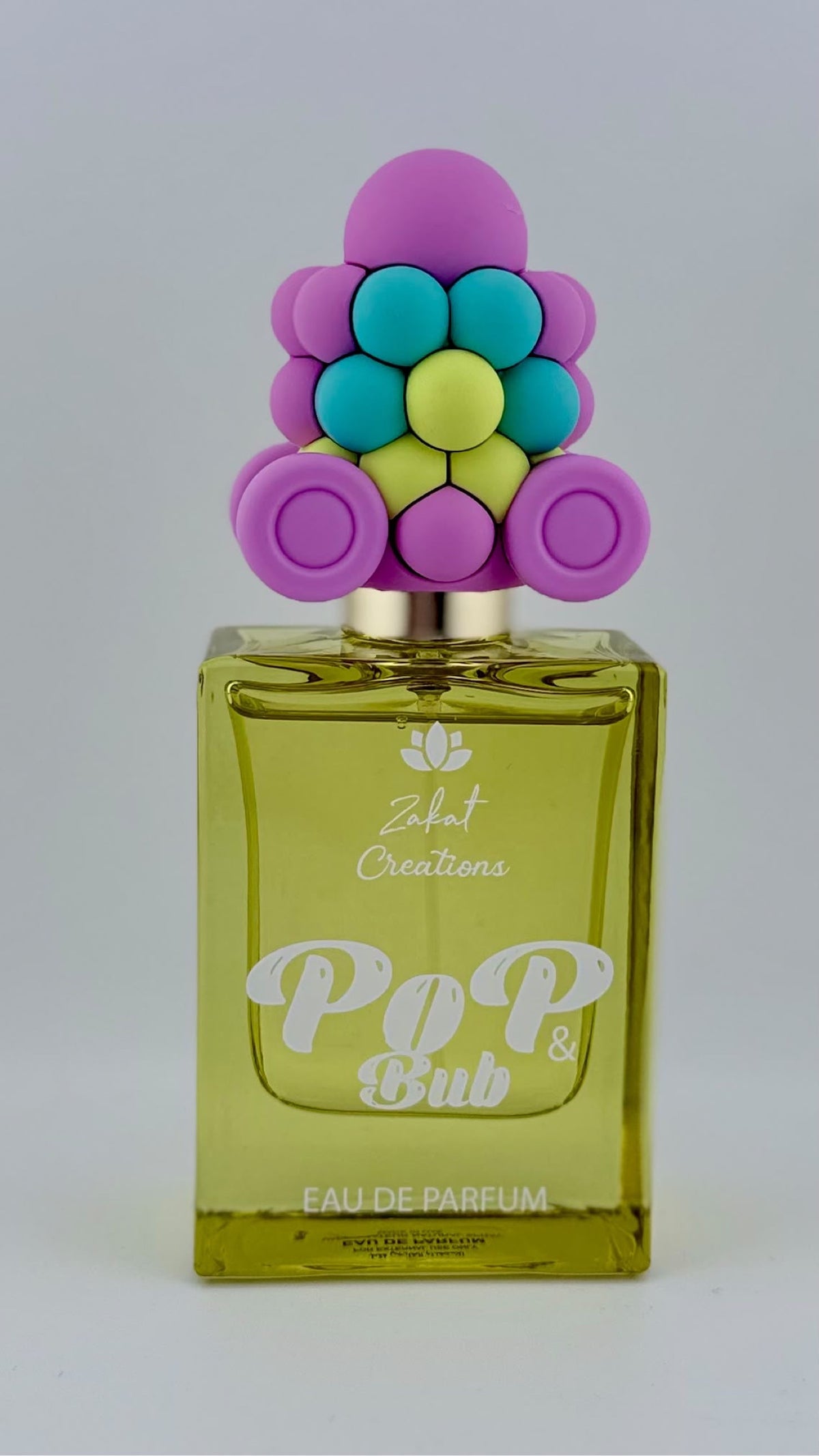 Perfume Pop & Bub de Zakat Creations, Eau de Parfum 50 ml, frasco amarillo verdoso con tapón de racimo de burbujas coleccionable – Siblingsgo Miami
